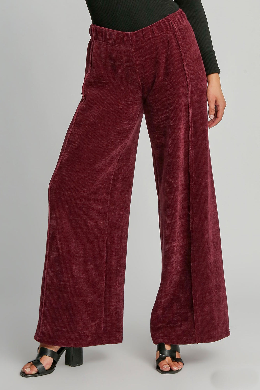 Umgee Soft Knit Solid Color Pants in Merlot ON ORDER