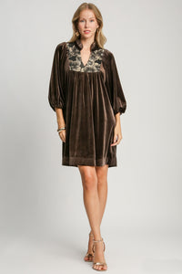 Umgee Solid Color Velvet Mini Dress in Espresso