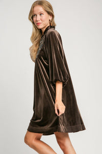 Umgee Solid Color Velvet Mini Dress in Espresso