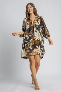 Umgee Lightweight Floral Print Dress in Camel Mix