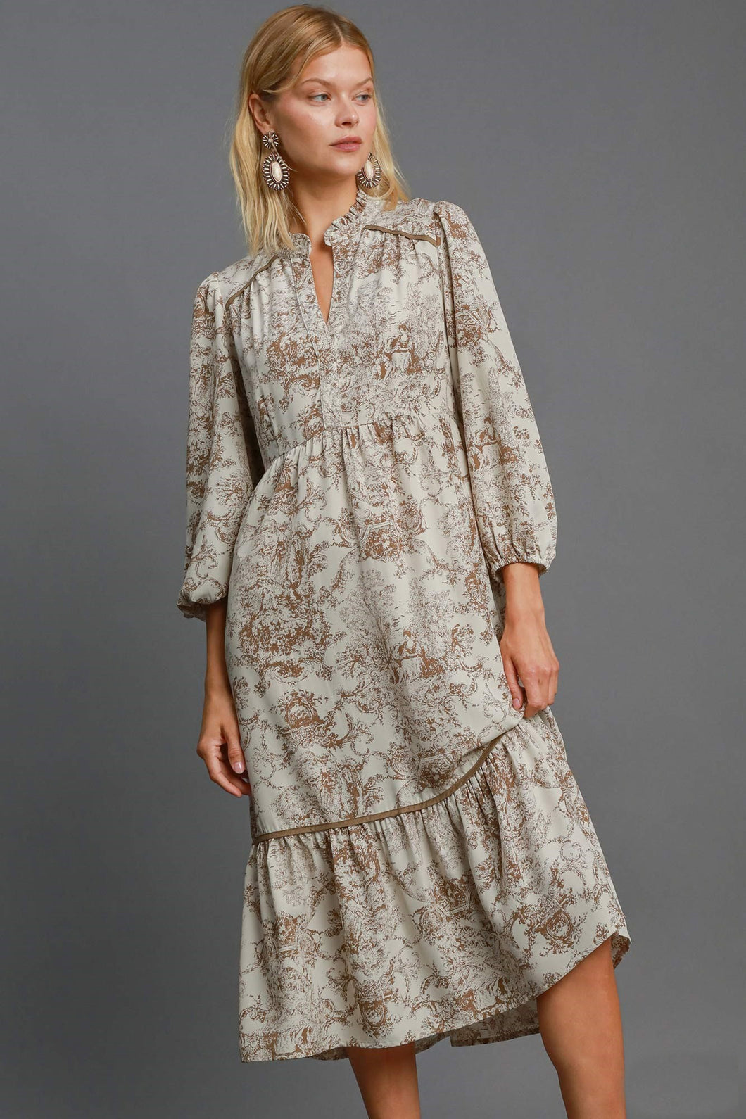 Umgee Landscape Print Midi Dress in Brown