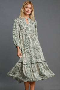 Umgee Landscape Print Midi Dress in Forest Green