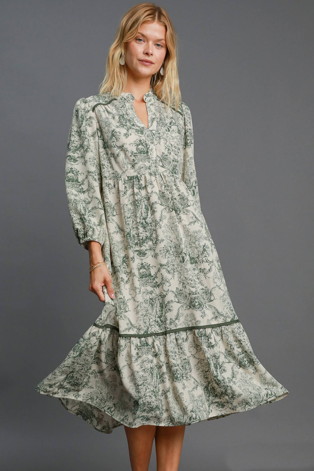 Umgee Landscape Print Midi Dress in Forest Green