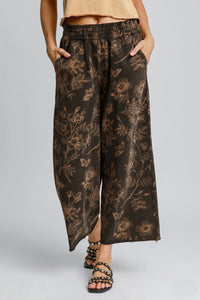 Umgee Floral Print French Terry Pants in Ash