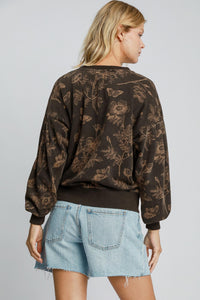 Umgee Floral Print French Terry Top in Ash