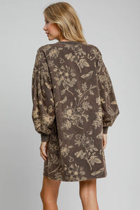 Umgee French Terry Mixed Print Dress in Ash Olive