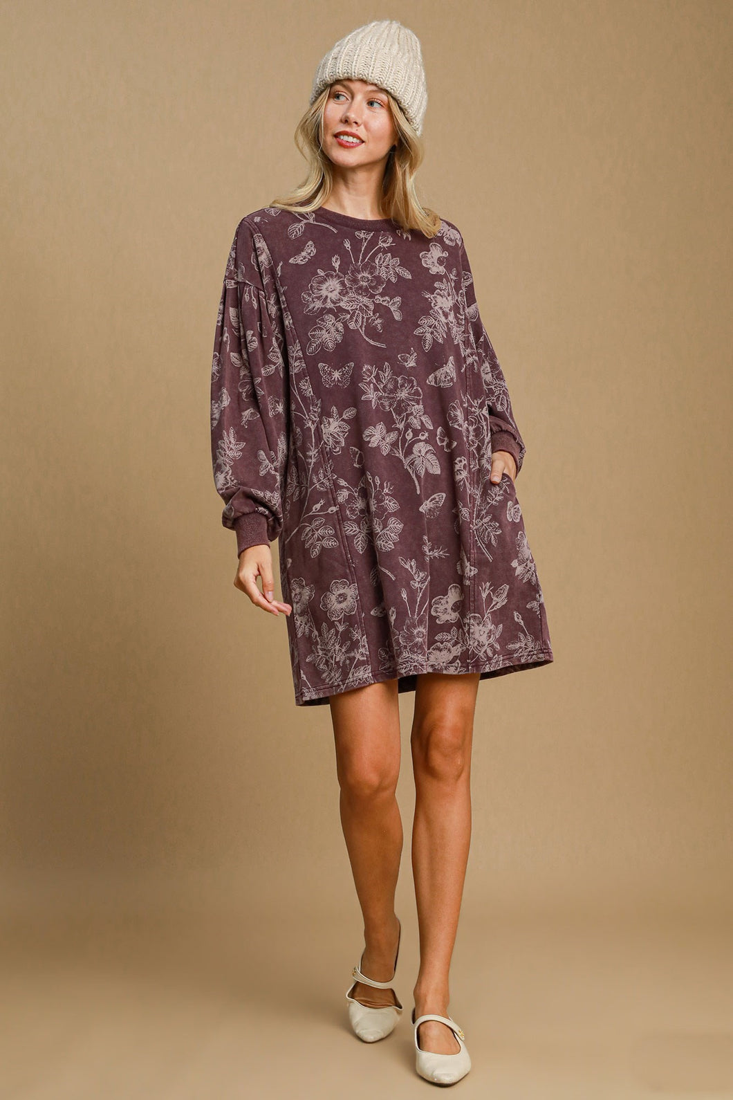 Umgee French Terry Mixed Print Dress in Plum