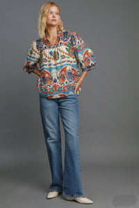 Umgee Mixed Print Split Neck Top in Blue Mix