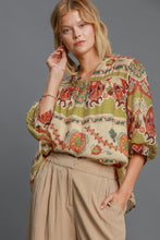 Load image into Gallery viewer, Umgee Mixed Print Split Neck Top in Green Mix
