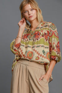 Umgee Mixed Print Split Neck Top in Green Mix