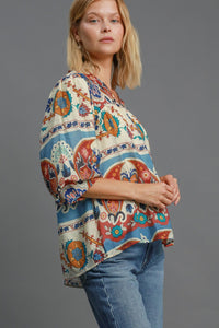 Umgee Mixed Print Split Neck Top in Blue Mix