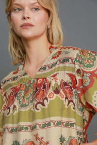 Umgee Mixed Print Split Neck Top in Green Mix