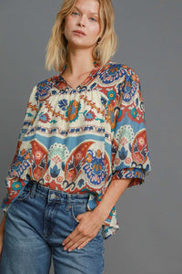 Umgee Mixed Print Split Neck Top in Blue Mix