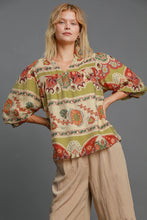 Load image into Gallery viewer, Umgee Mixed Print Split Neck Top in Green Mix
