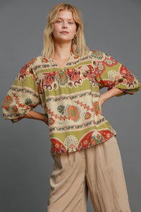 Umgee Mixed Print Split Neck Top in Green Mix