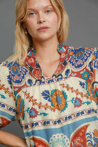 Umgee Mixed Print Split Neck Top in Blue Mix