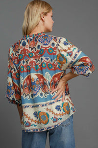 Umgee Mixed Print Split Neck Top in Blue Mix