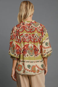 Umgee Mixed Print Split Neck Top in Green Mix