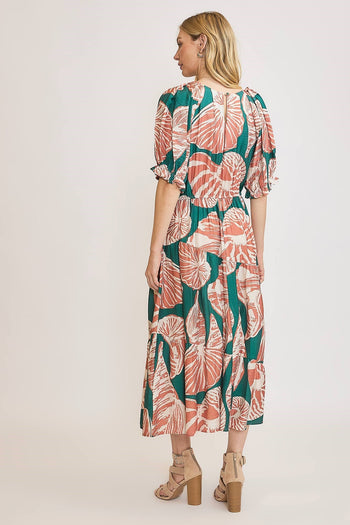Umgee Floral Print Maxi Dress with Puff Sleeves in Green/Clay XL Umgee Floral Print Maxi Dress with Puff Sleeves in Green/Clay XL