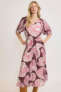 Umgee Floral Print Maxi Dress with Puff Sleeves in Plum/Mauve