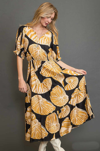 Umgee Floral Print Maxi Dress with Puff Sleeves in Black/Honey M Umgee Floral Print Maxi Dress with Puff Sleeves in Black/Honey M