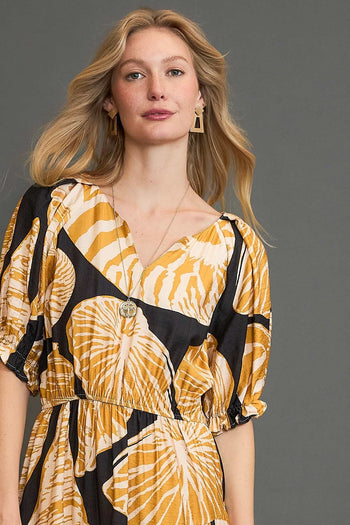 Umgee Floral Print Maxi Dress with Puff Sleeves in Black/Honey M Umgee Floral Print Maxi Dress with Puff Sleeves in Black/Honey M