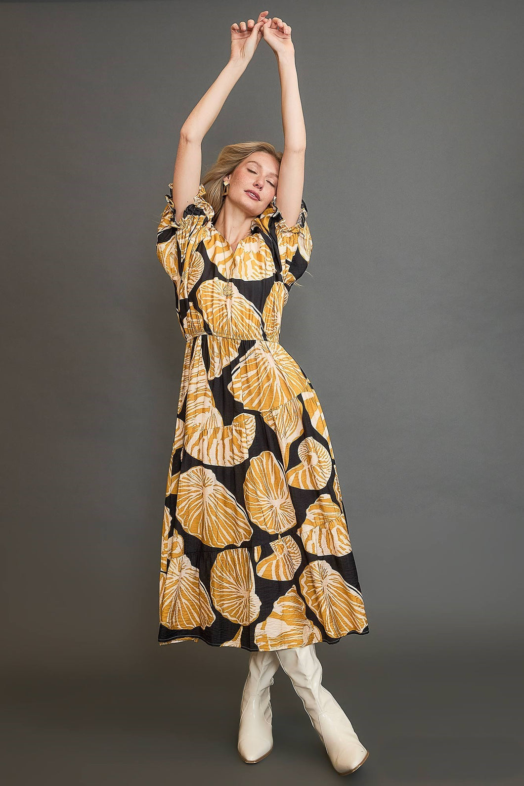 Umgee Floral Print Maxi Dress with Puff Sleeves in Black/Honey M at June Adel