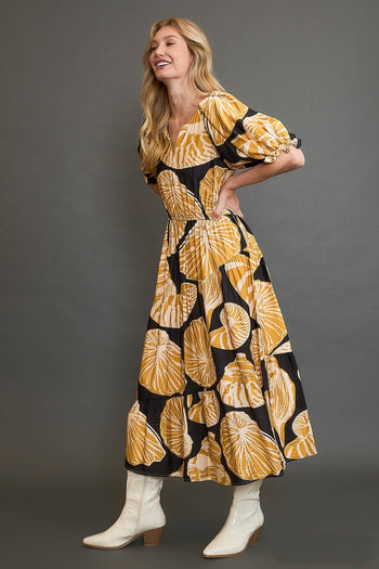 Umgee Floral Print Maxi Dress with Puff Sleeves in Black/Honey