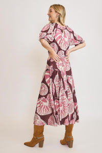 Umgee Floral Print Maxi Dress with Puff Sleeves in Plum/Mauve