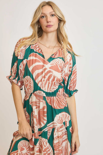 Umgee Floral Print Maxi Dress with Puff Sleeves in Green/Clay XL Umgee Floral Print Maxi Dress with Puff Sleeves in Green/Clay XL