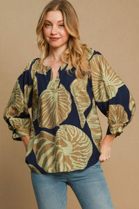 Umgee Two Toned Floral Print Top in Navy/Olive