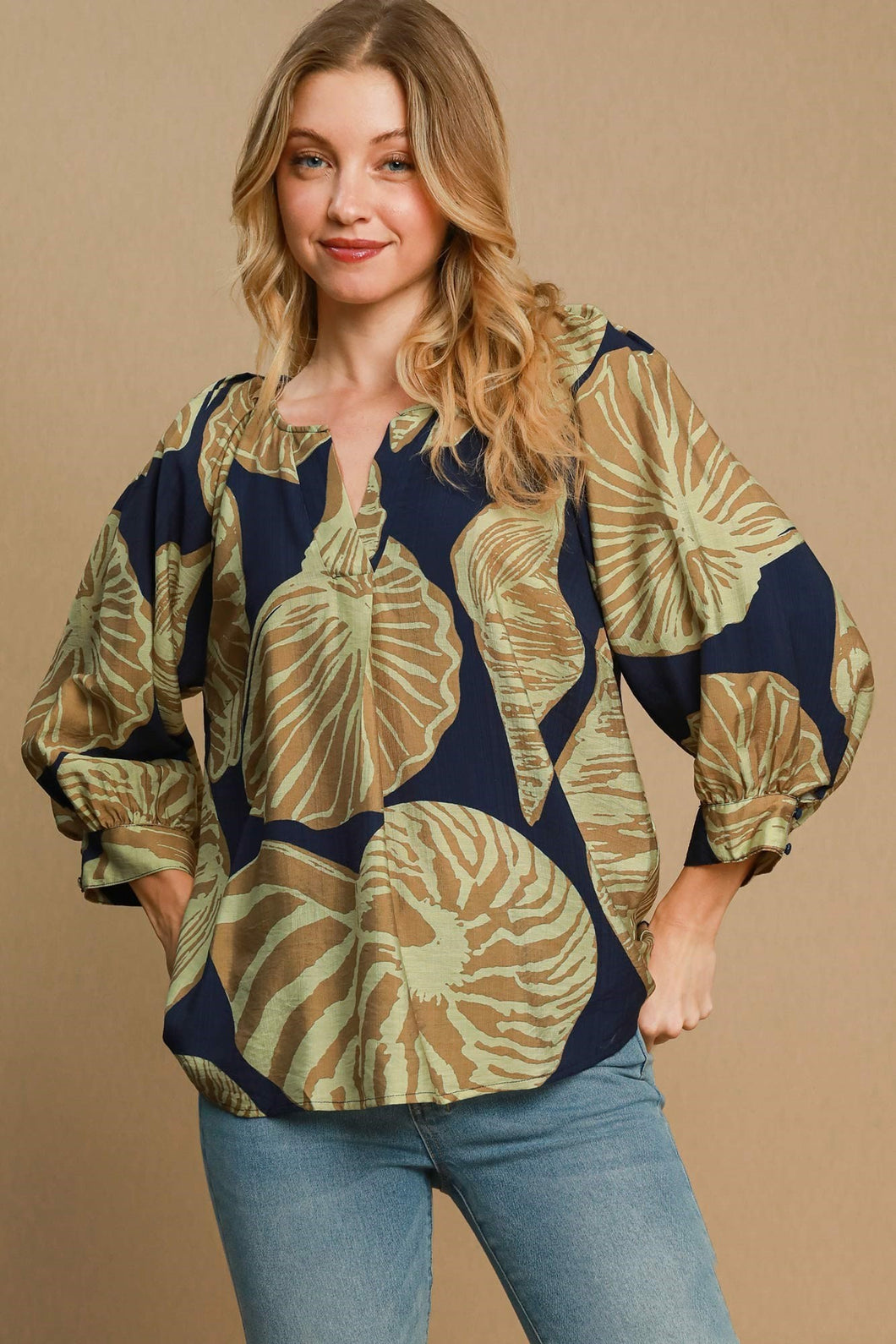 Umgee Two Toned Floral Print Top in Navy/Olive