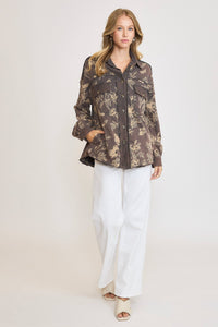 Umgee Floral Print French Terry Jacket in Charcoal