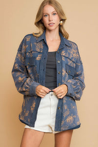 Umgee Floral Print French Terry Jacket in Denim