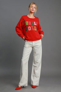 Umgee "HOLLY JOLLY" Letter Patched French Terry Top in Red