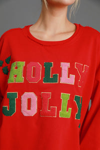 Umgee "HOLLY JOLLY" Letter Patched French Terry Top in Red