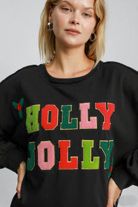 Umgee "HOLLY JOLLY" Letter Patched French Terry Top in Black