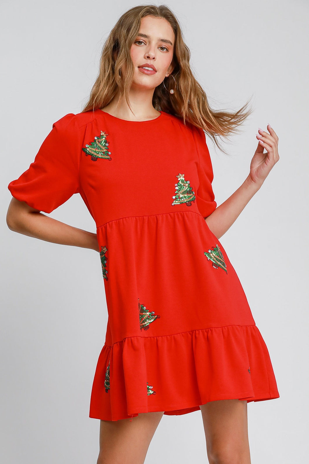 Umgee Sequined Christmas Tree Mini Dress in Red