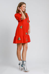 Umgee Sequined Christmas Tree Mini Dress in Red