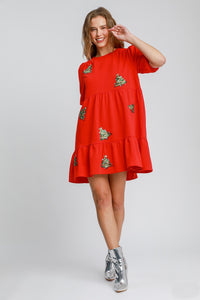 Umgee Sequined Christmas Tree Mini Dress in Red