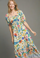 Umgee Smocked Bodice Floral Print Midi Dress in Multi