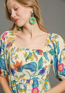 Umgee Smocked Bodice Floral Print Midi Dress in Multi