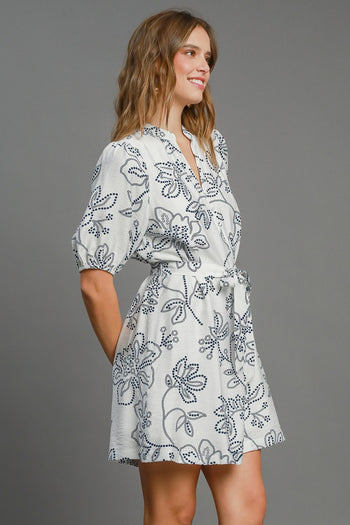 Umgee Two Toned Floral Print Mini Dress in Off White