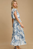Umgee Two-Tone Landscape Print Midi Dress in Blue Mix