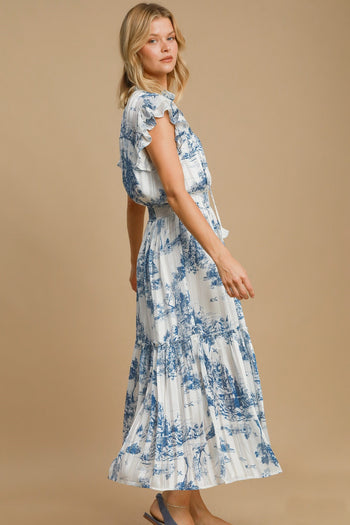 Umgee Two-Tone Landscape Print Midi Dress in Blue Mix