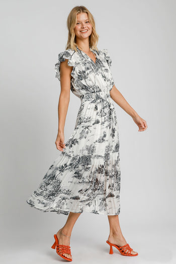 Umgee Two-Tone Landscape Print Midi Dress in Black Mix