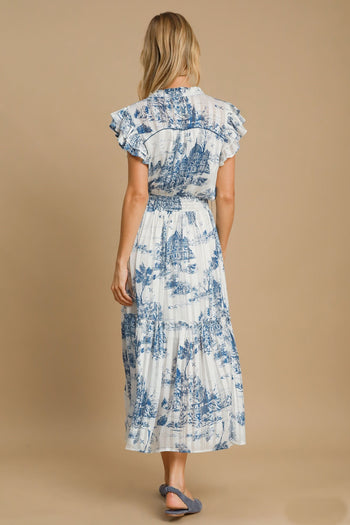 Umgee Two-Tone Landscape Print Midi Dress in Blue Mix