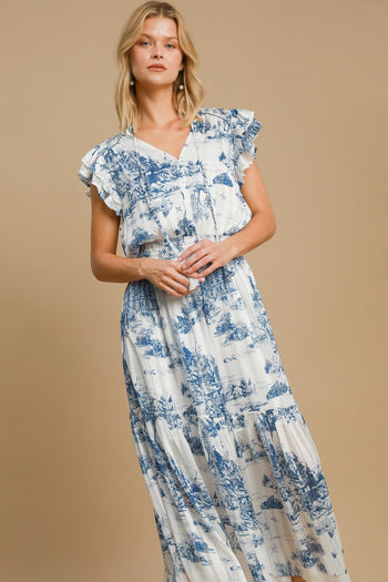 Umgee Two-Tone Landscape Print Midi Dress in Blue Mix