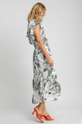 Umgee Two-Tone Landscape Print Midi Dress in Black Mix