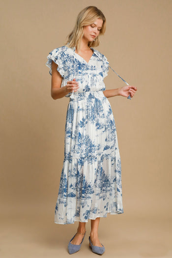 Umgee Two-Tone Landscape Print Midi Dress in Blue Mix